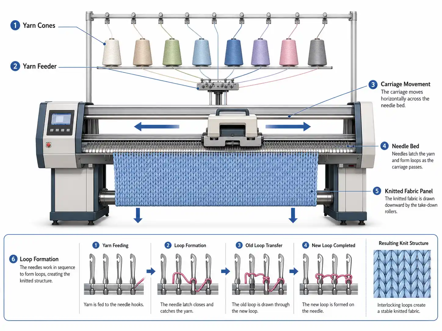 Flat knitting machine process diagram Schéma du processus de la machine à tricoter rectiligne