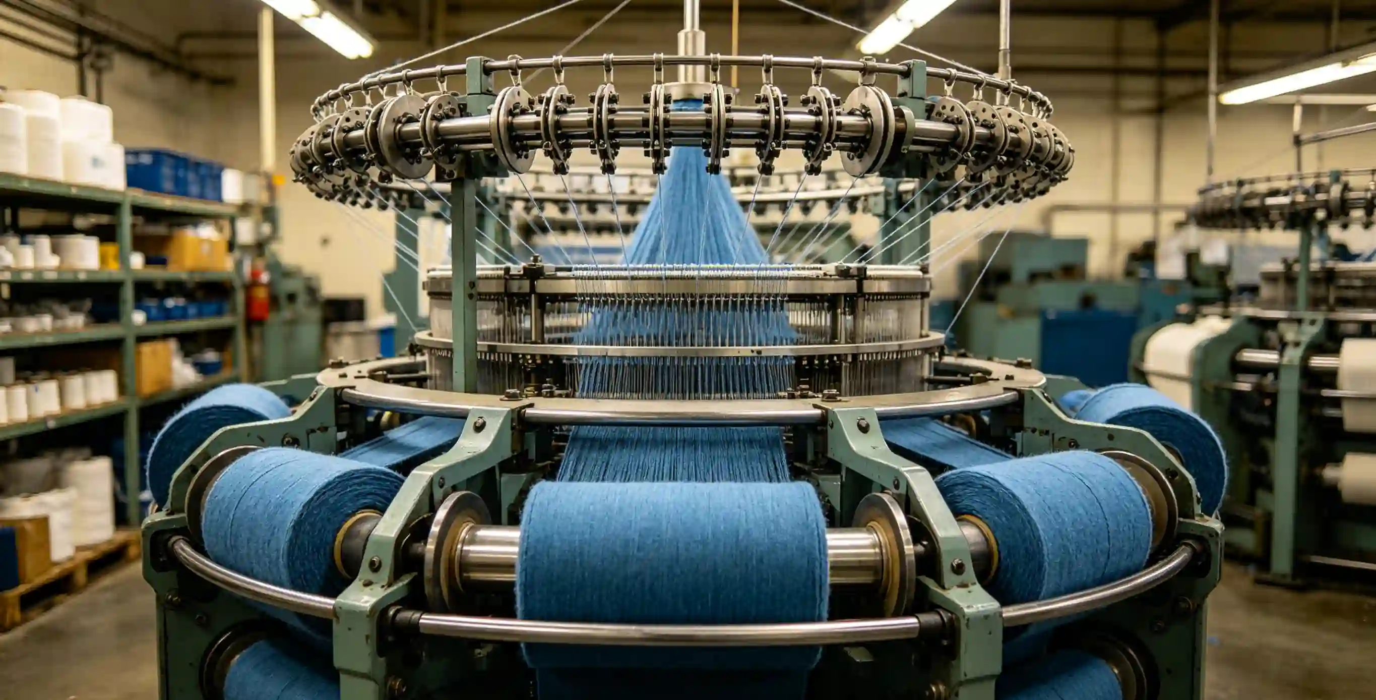 Machine &agrave; tricoter circulaire industrielle produisant des rouleaux de textile bleus dans une usine.